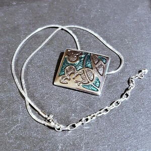 NEW Abstract Flowers Green Leaves Square Pendant Silver Snake Chain Necklace